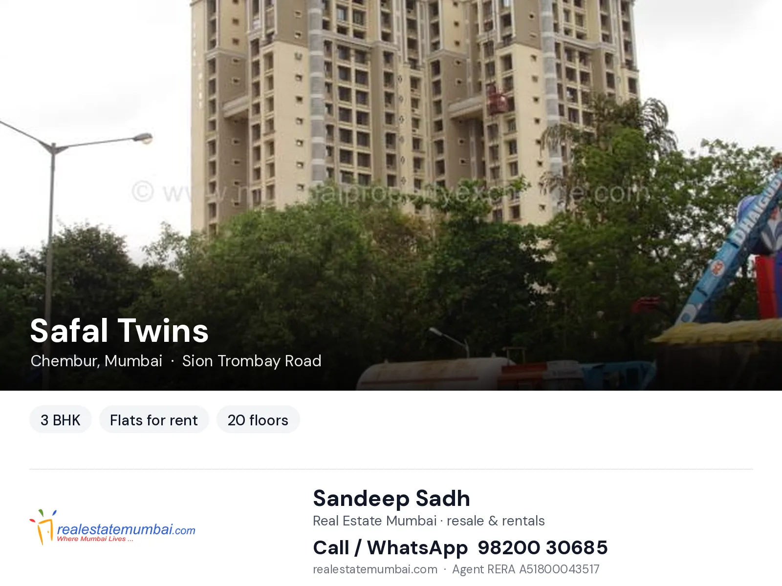 Safal Twins, Chembur, Mumbai — 3 BHK flats for rent | Real Estate Mumbai, Sandeep Sadh 98200 30685