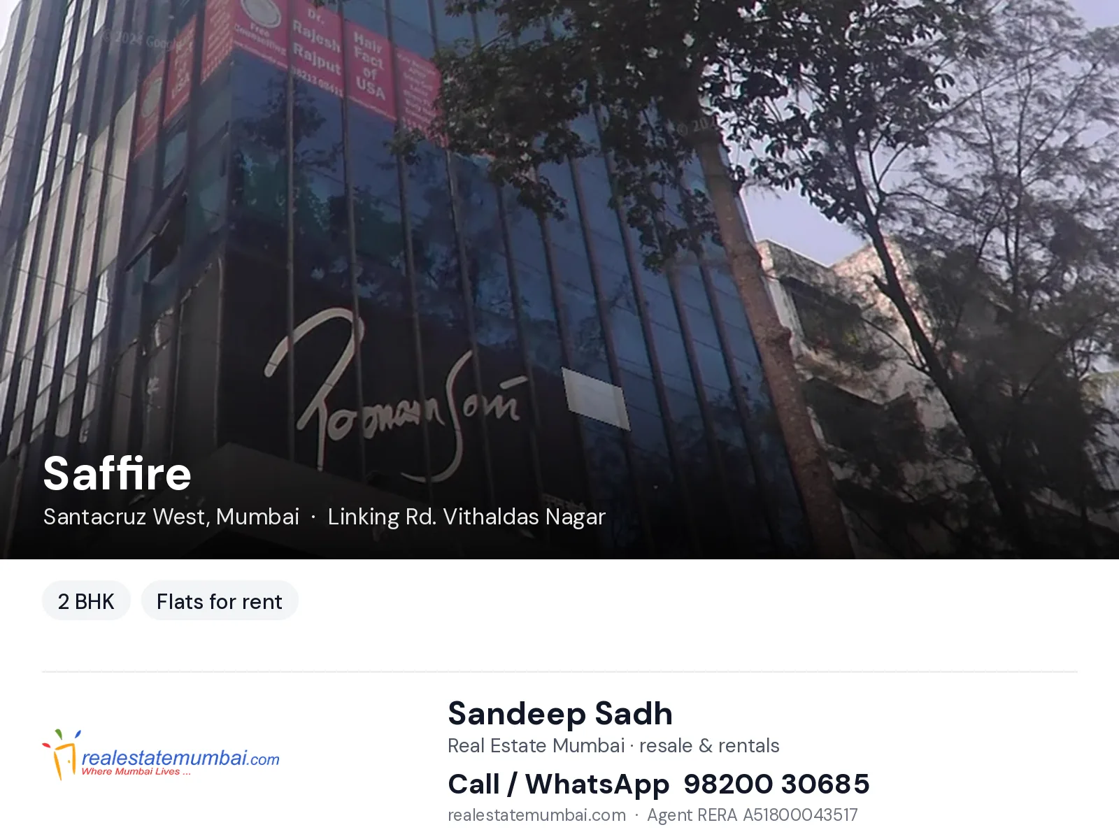 Saffire, Santacruz West, Mumbai — 2 BHK flats for rent | Real Estate Mumbai, Sandeep Sadh 98200 30685