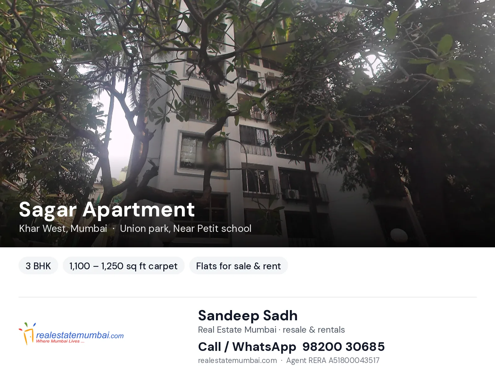 Sagar Apartment, Khar West, Mumbai — 3 BHK flats for sale & rent | Real Estate Mumbai, Sandeep Sadh 98200 30685