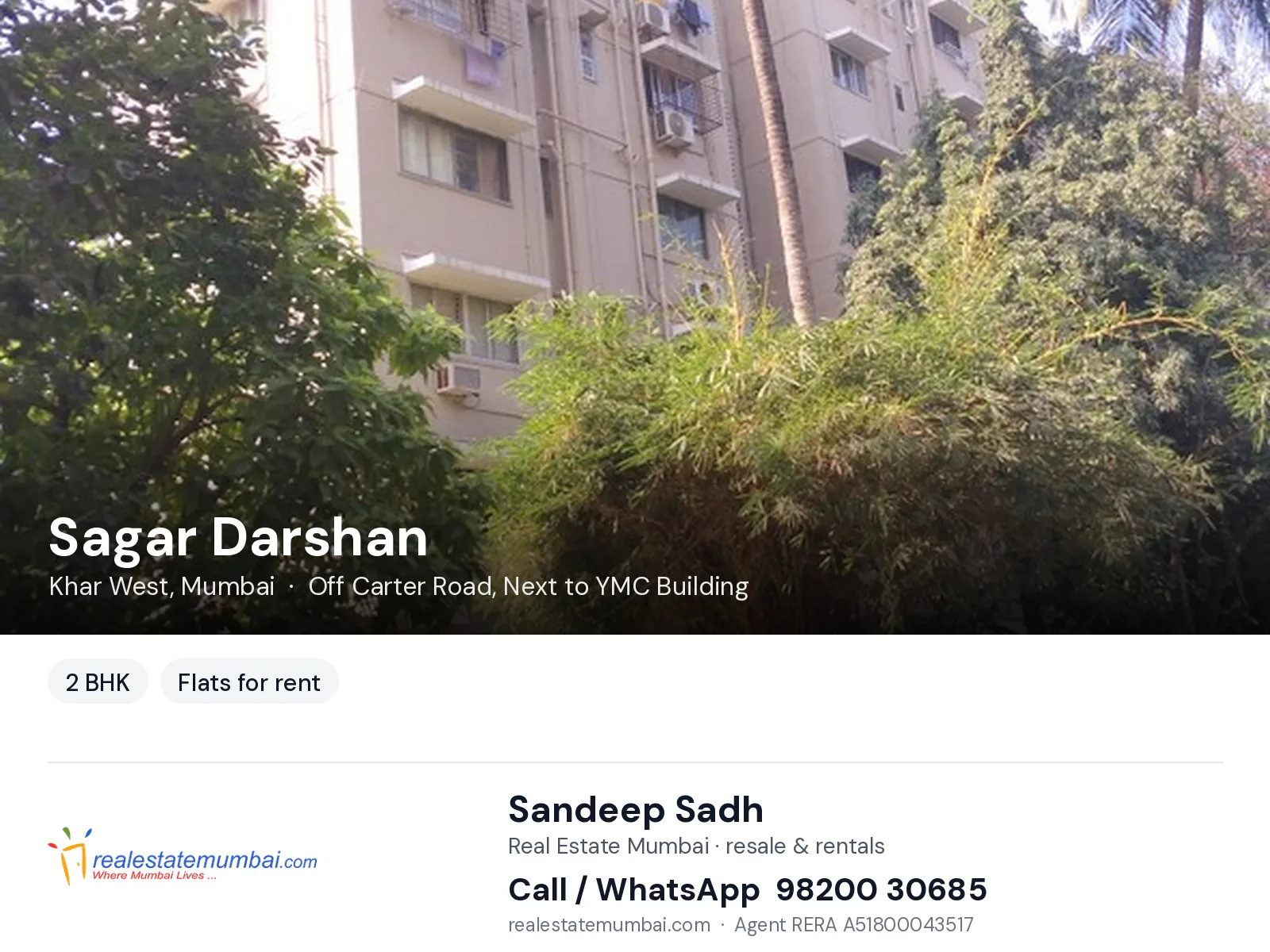 Sagar Darshan, Khar West, Mumbai — 2 BHK flats for rent | Real Estate Mumbai, Sandeep Sadh 98200 30685