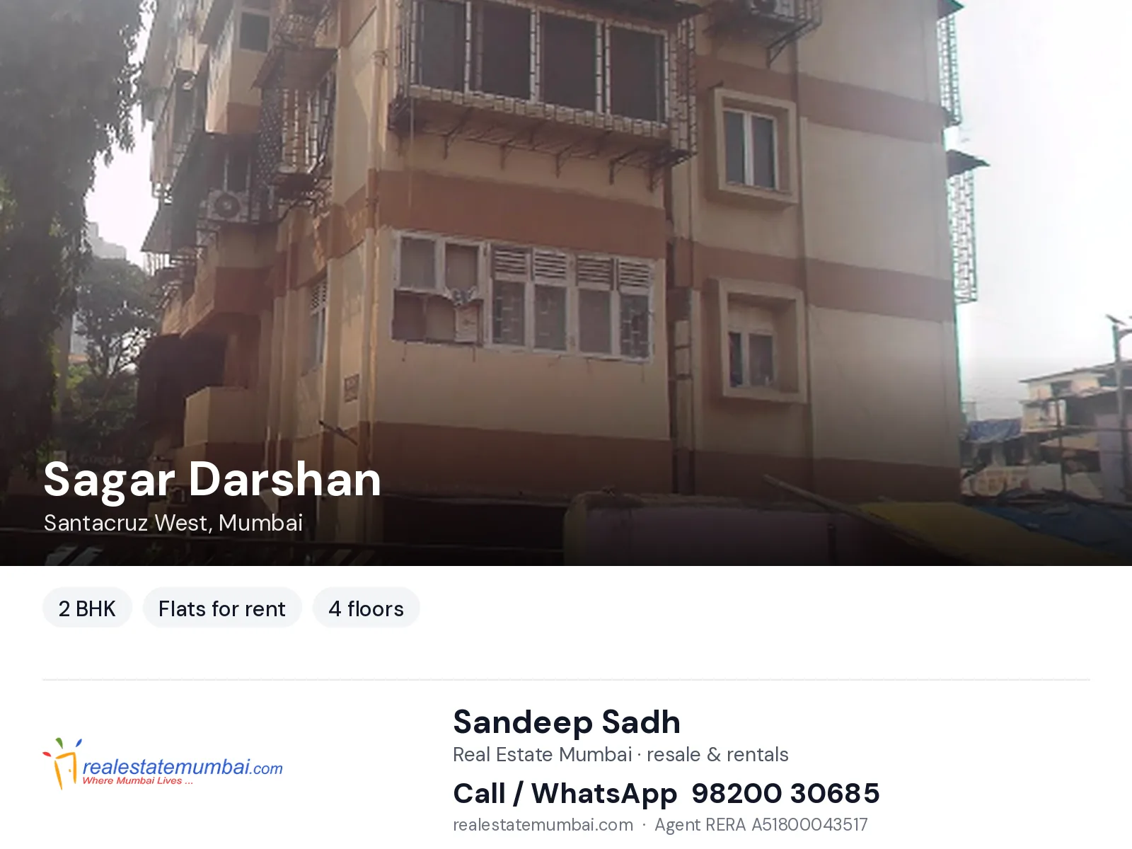 Sagar Darshan, Santacruz West, Mumbai — 2 BHK flats for rent | Real Estate Mumbai, Sandeep Sadh 98200 30685