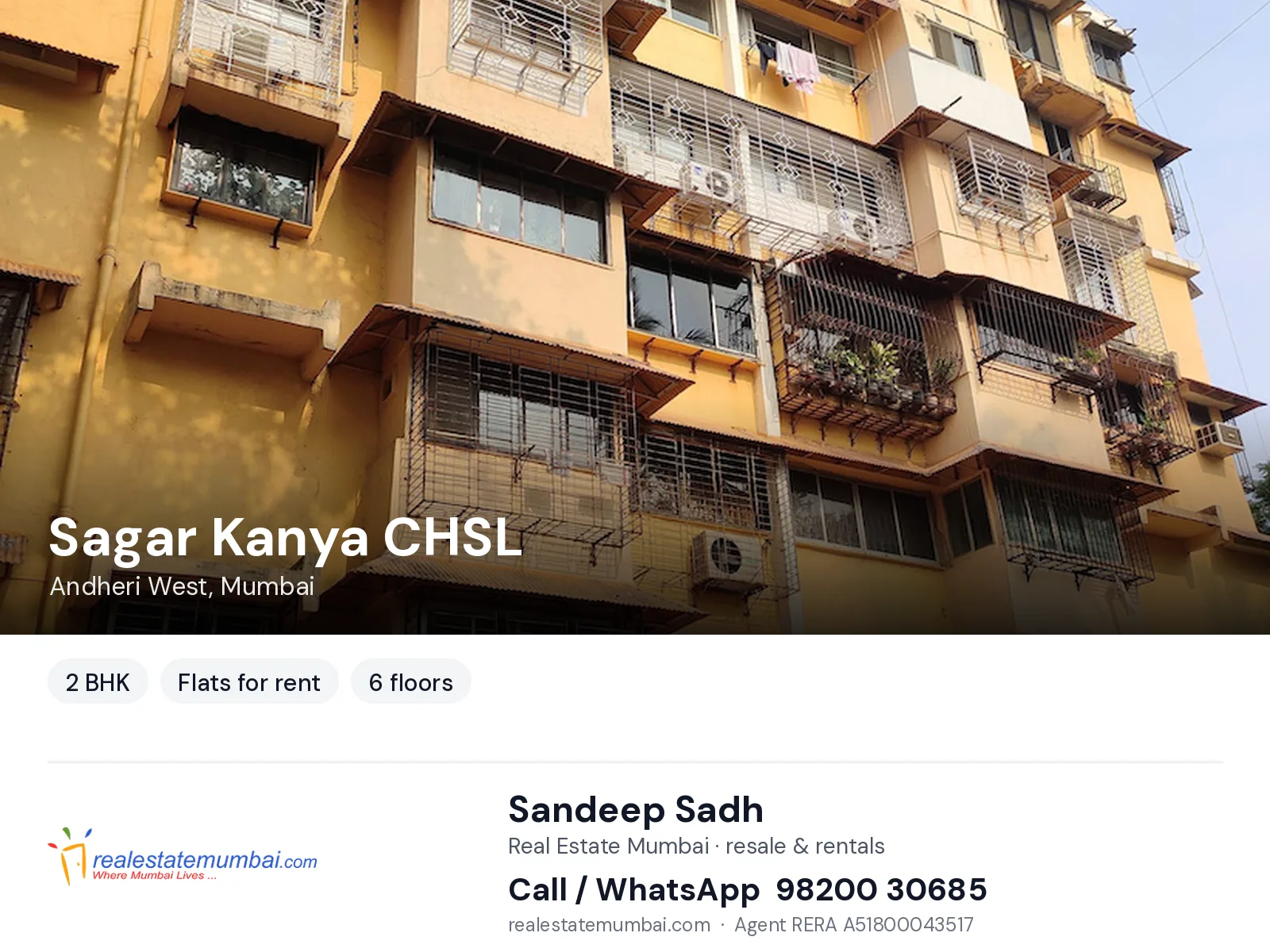 Sagar Kanya CHSL, Andheri West, Mumbai — 2 BHK flats for rent | Real Estate Mumbai, Sandeep Sadh 98200 30685