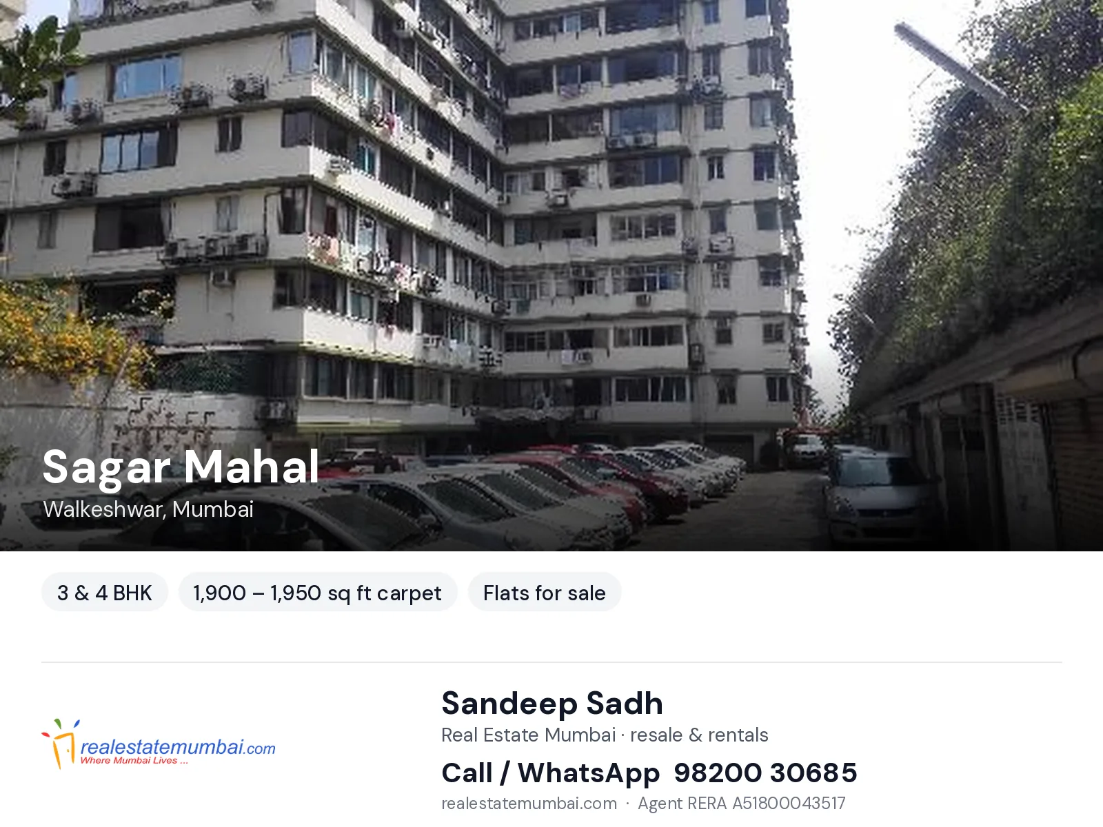Sagar Mahal, Walkeshwar, Mumbai — 3 & 4 BHK flats for sale | Real Estate Mumbai, Sandeep Sadh 98200 30685