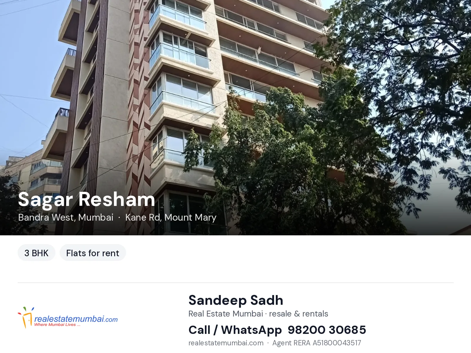 Sagar Resham, Bandra West, Mumbai — 3 BHK flats for rent | Real Estate Mumbai, Sandeep Sadh 98200 30685