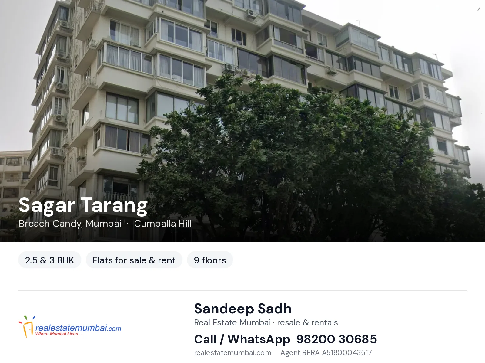 Sagar Tarang, Breach Candy, Mumbai — 2.5 & 3 BHK flats for sale & rent | Real Estate Mumbai, Sandeep Sadh 98200 30685