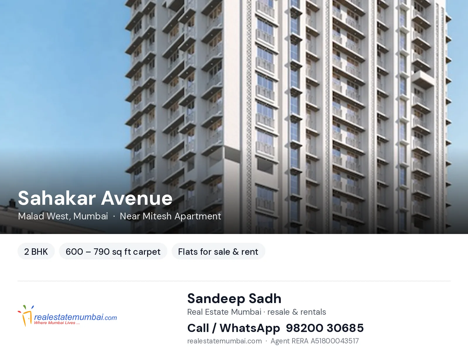 Sahakar Avenue, Malad West, Mumbai — 2 BHK flats for sale & rent | Real Estate Mumbai, Sandeep Sadh 98200 30685