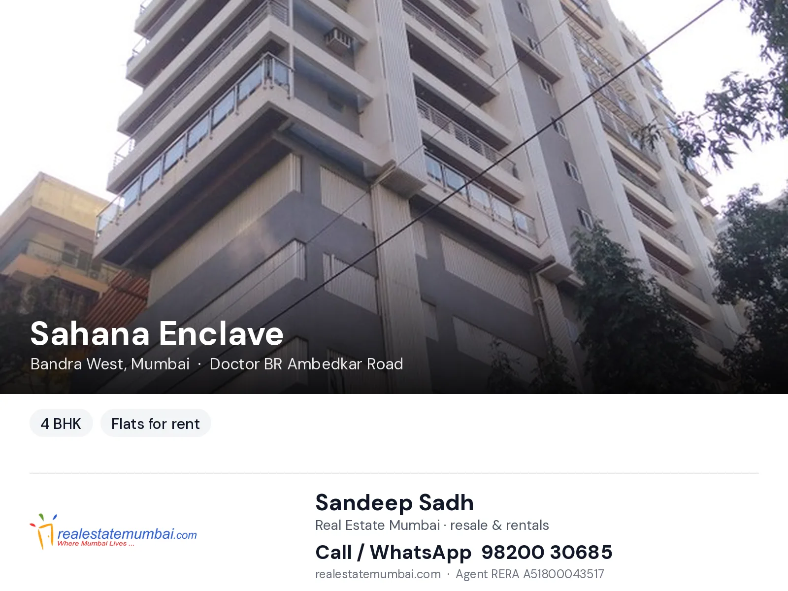 Sahana Enclave, Bandra West, Mumbai — 4 BHK flats for rent | Real Estate Mumbai, Sandeep Sadh 98200 30685
