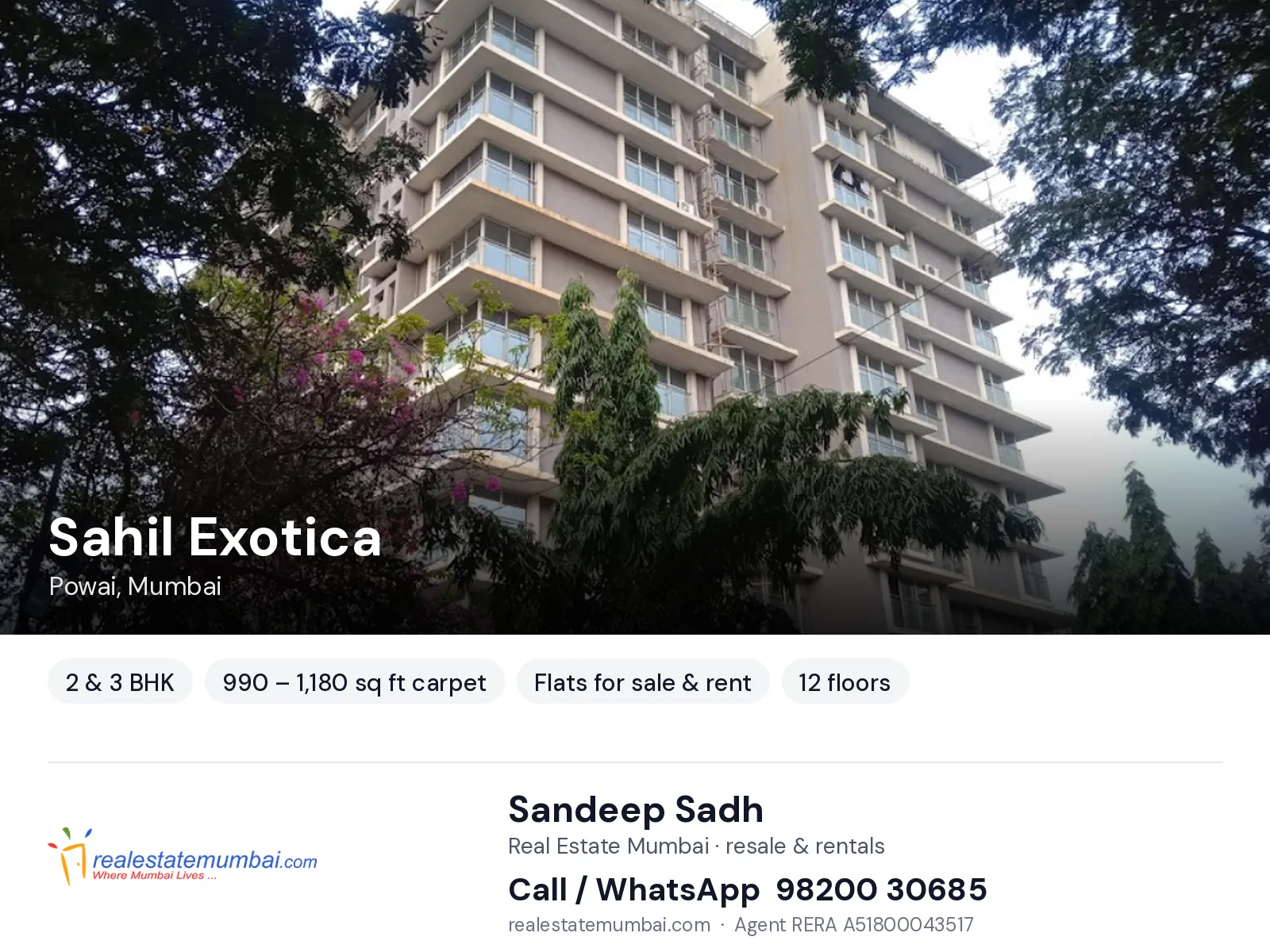 Sahil Exotica, Powai, Mumbai — 2 & 3 BHK flats for sale & rent | Real Estate Mumbai, Sandeep Sadh 98200 30685
