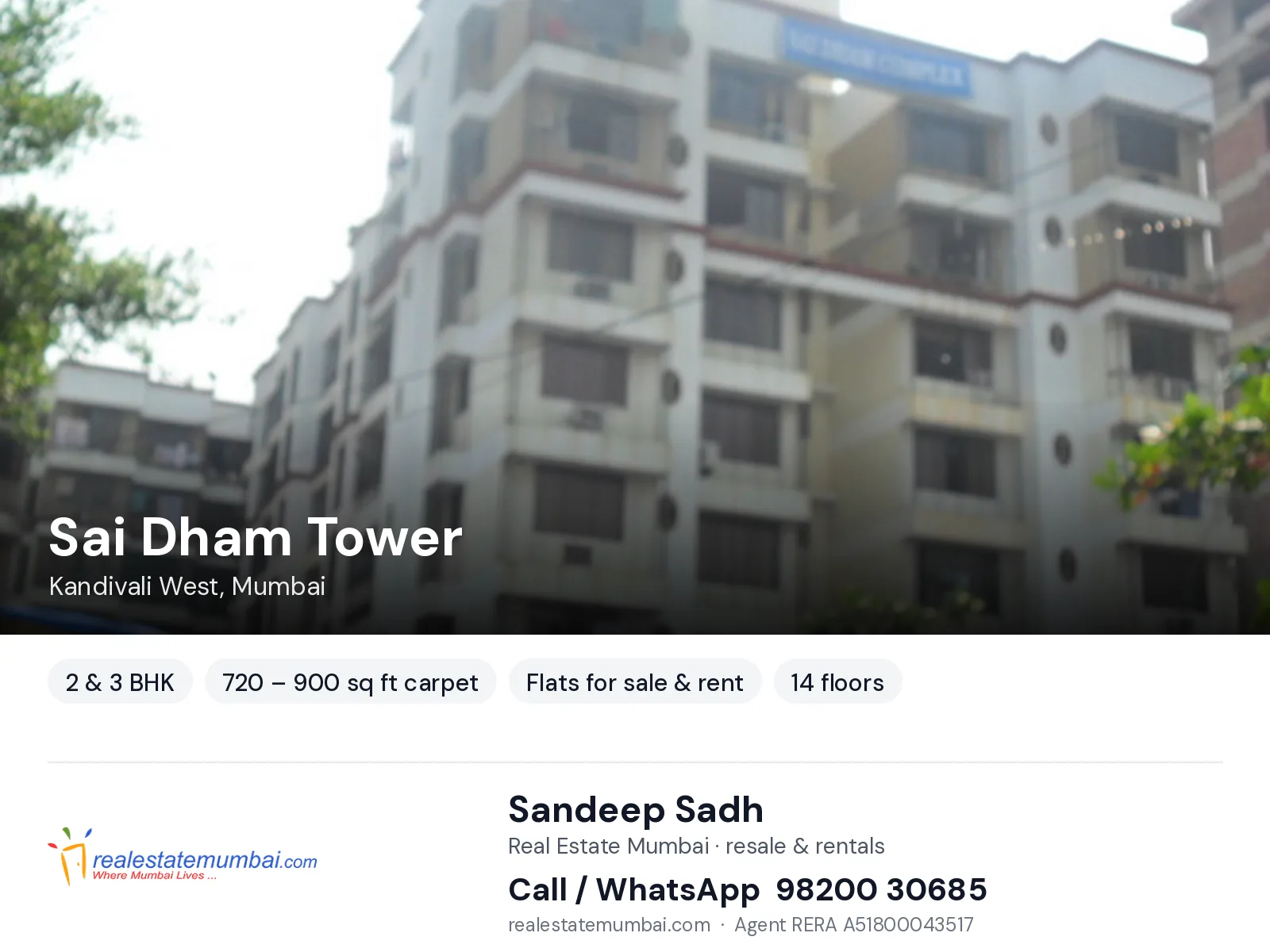 Sai Dham Tower, Kandivali West, Mumbai — 2 & 3 BHK flats for sale & rent | Real Estate Mumbai, Sandeep Sadh 98200 30685