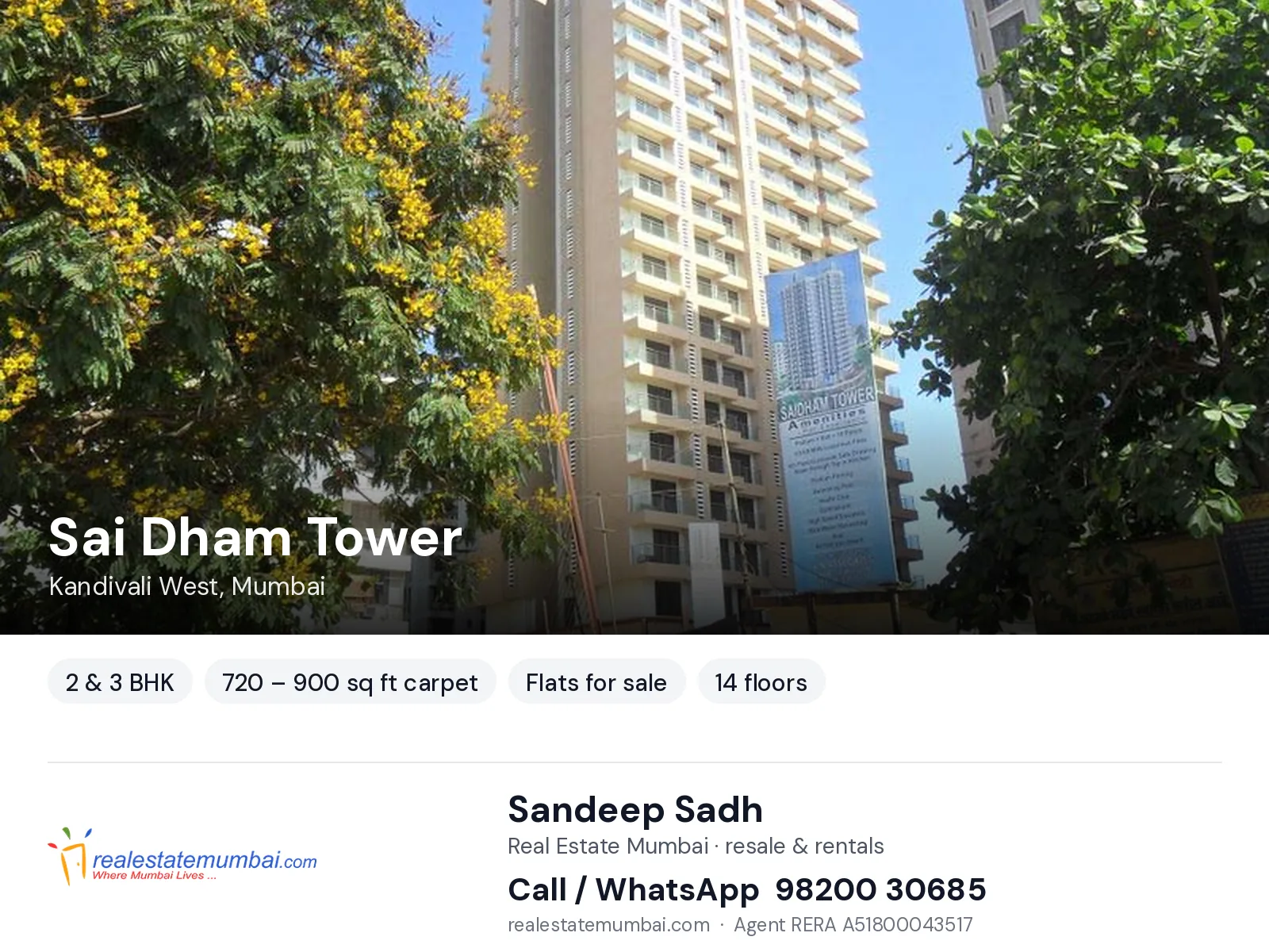 Sai Dham Tower, Kandivali West, Mumbai — 2 & 3 BHK flats for sale | Real Estate Mumbai, Sandeep Sadh 98200 30685