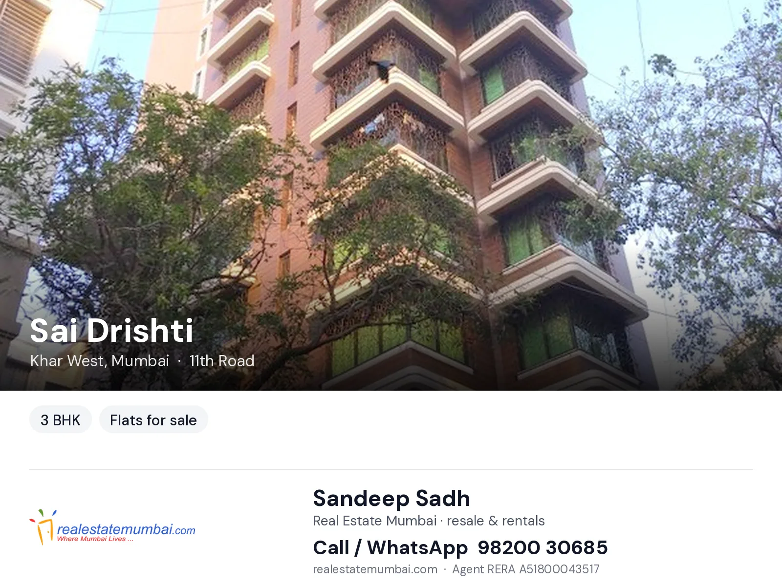 Sai Drishti, Khar West, Mumbai — 3 BHK flats for sale | Real Estate Mumbai, Sandeep Sadh 98200 30685