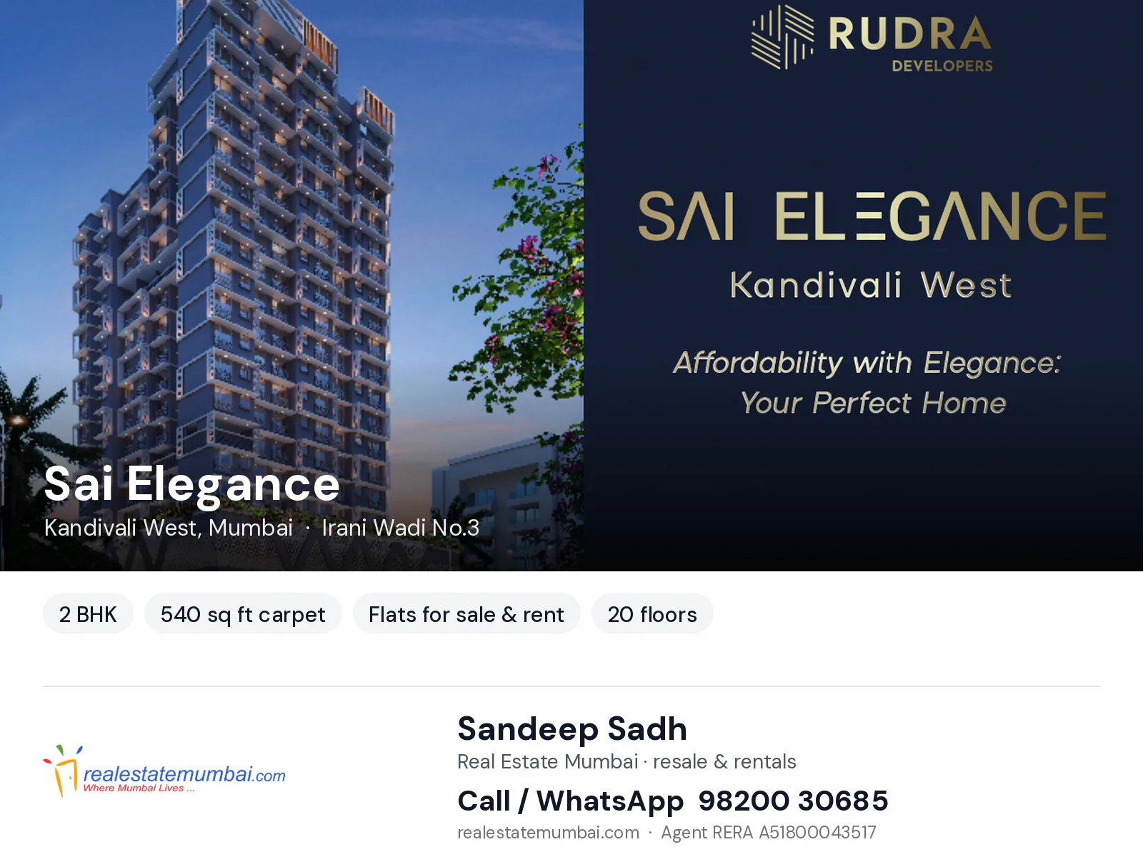 Sai Elegance, Kandivali West, Mumbai — 2 BHK flats for sale & rent | Real Estate Mumbai, Sandeep Sadh 98200 30685