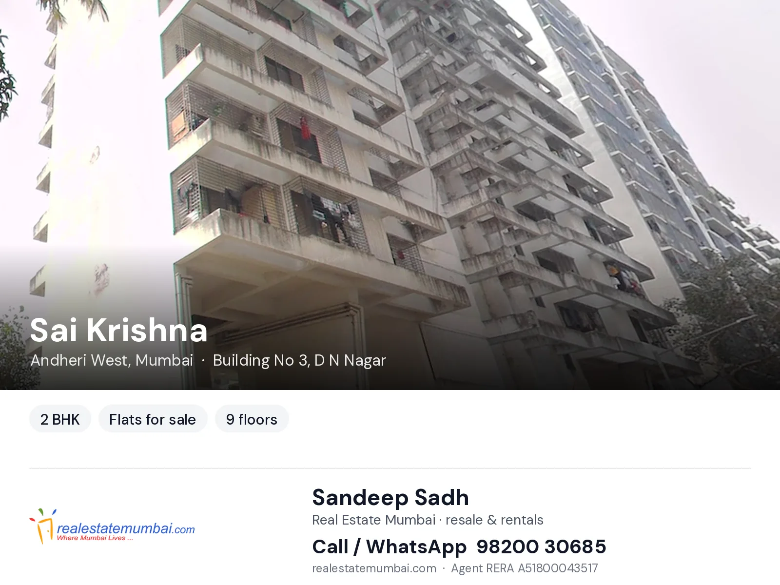 Sai Krishna, Andheri West, Mumbai — 2 BHK flats for sale | Real Estate Mumbai, Sandeep Sadh 98200 30685