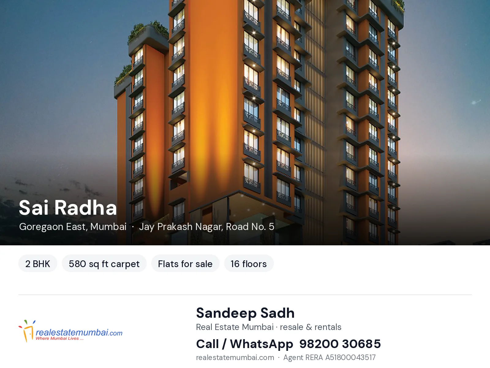 Sai Radha, Goregaon East, Mumbai — 2 BHK flats for sale | Real Estate Mumbai, Sandeep Sadh 98200 30685