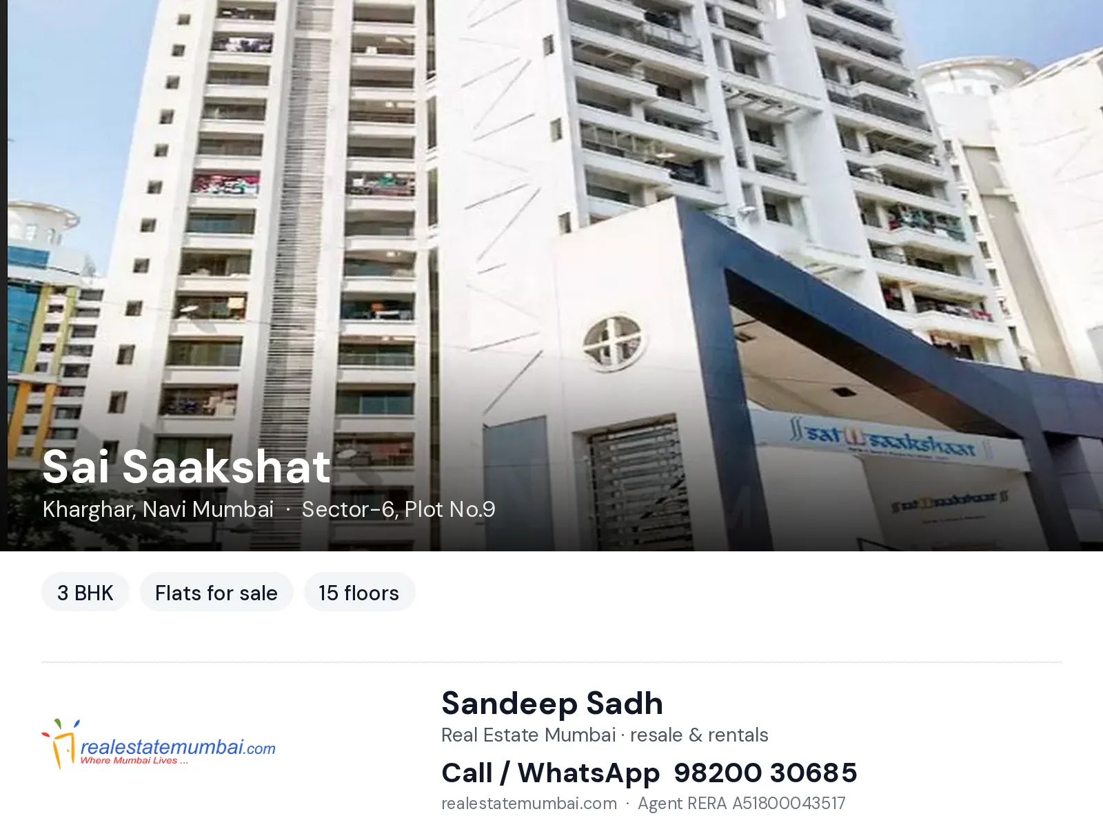 Sai Saakshat, Kharghar, Navi Mumbai — 3 BHK flats for sale | Real Estate Mumbai, Sandeep Sadh 98200 30685