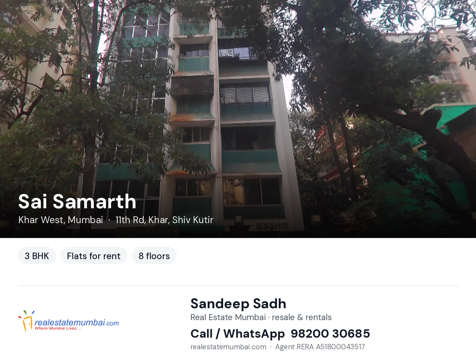 Sai Samarth, Khar West, Mumbai — 3 BHK flats for rent | Real Estate Mumbai, Sandeep Sadh 98200 30685