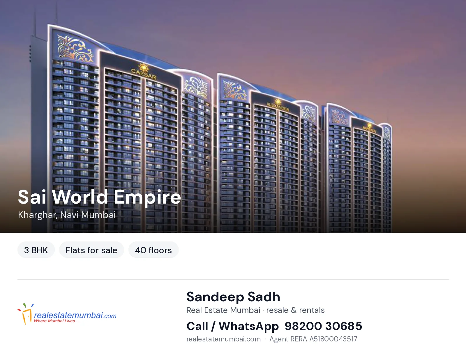 Sai World Empire, Kharghar, Navi Mumbai — 3 BHK flats for sale | Real Estate Mumbai, Sandeep Sadh 98200 30685