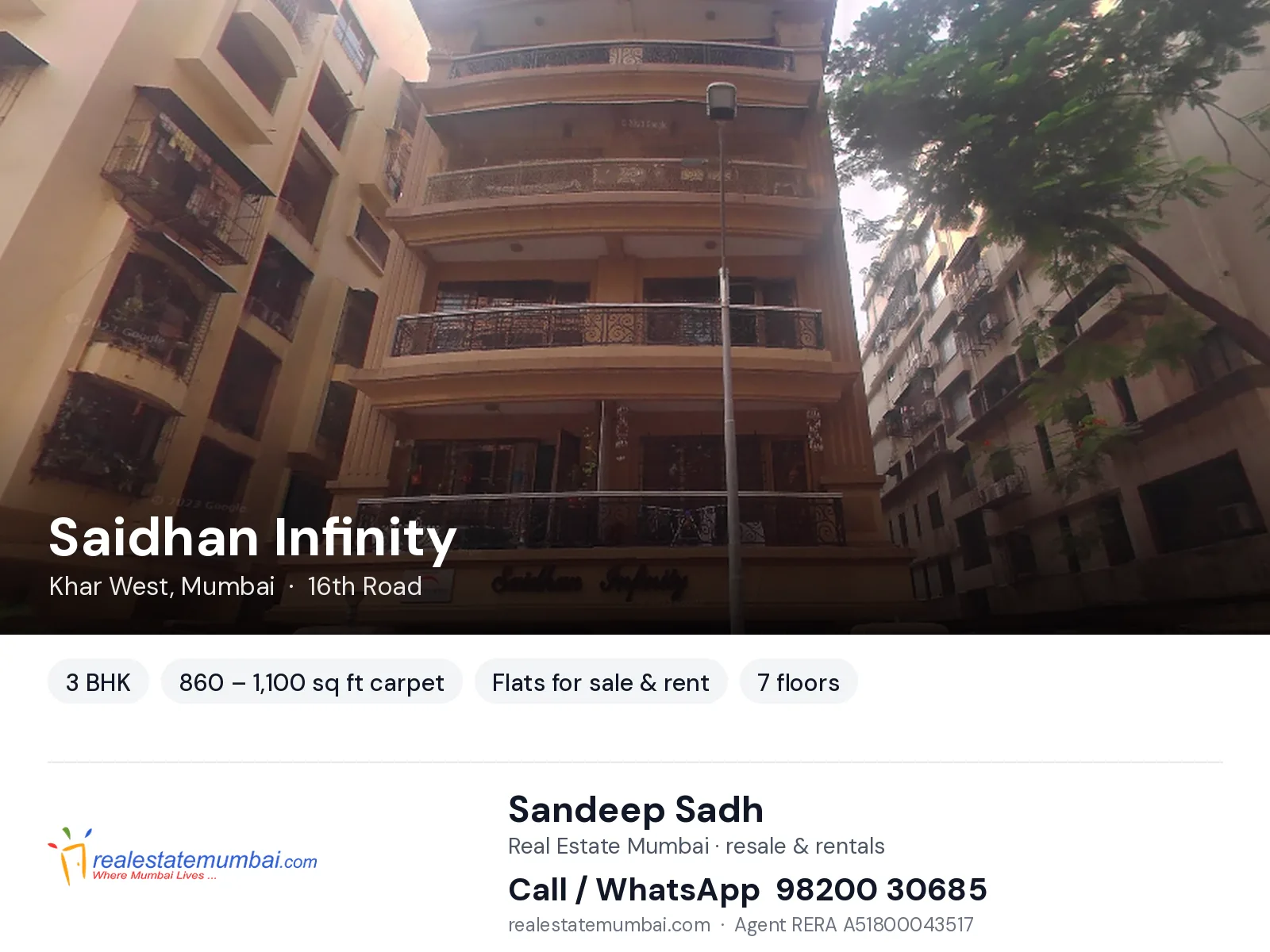 Saidhan Infinity, Khar West, Mumbai — 3 BHK flats for sale & rent | Real Estate Mumbai, Sandeep Sadh 98200 30685
