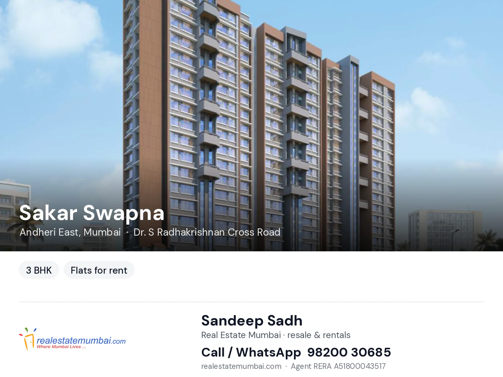 Sakar Swapna, Andheri East, Mumbai — 3 BHK flats for rent | Real Estate Mumbai, Sandeep Sadh 98200 30685