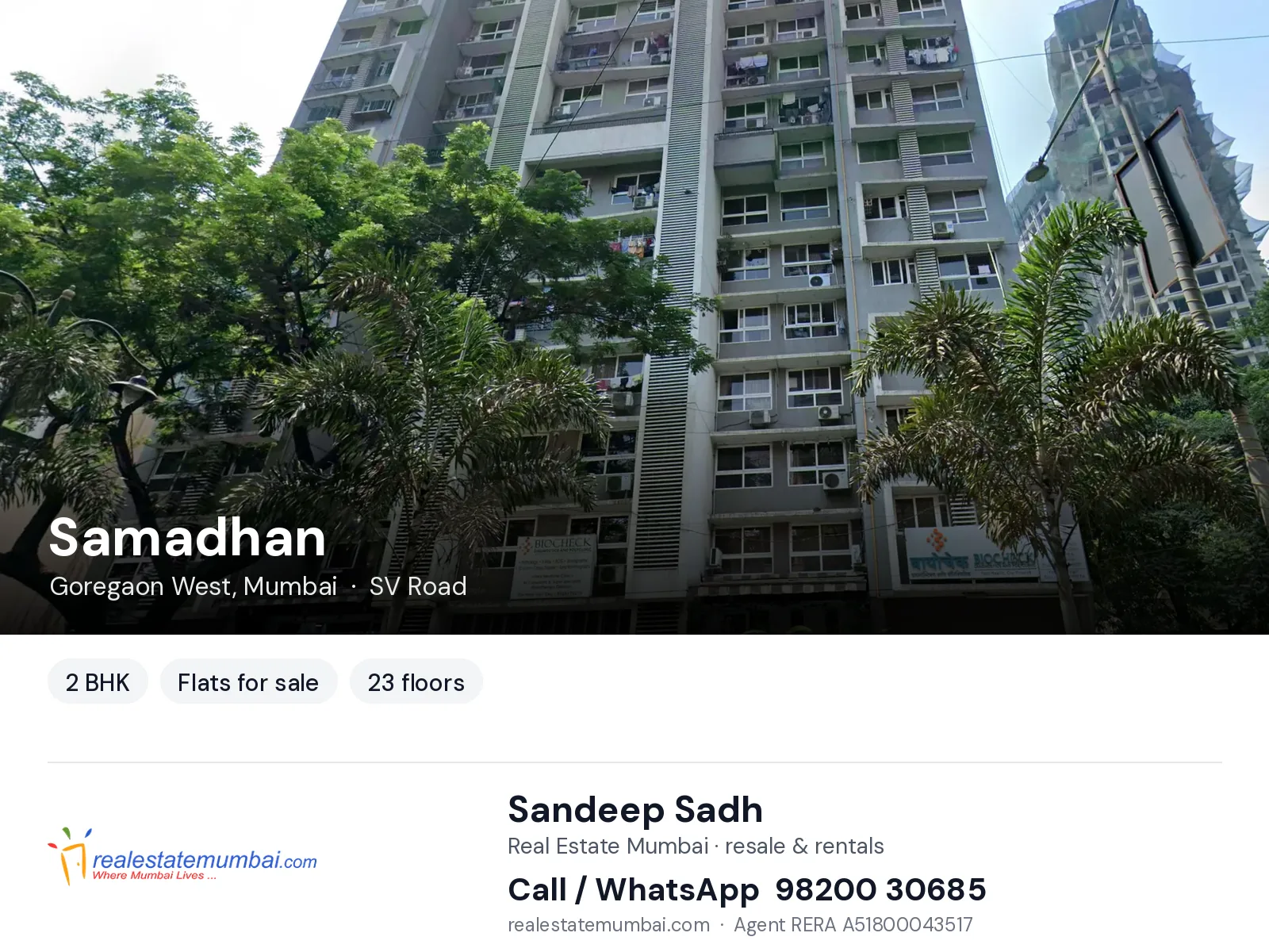 Samadhan, Goregaon West, Mumbai — 2 BHK flats for sale | Real Estate Mumbai, Sandeep Sadh 98200 30685