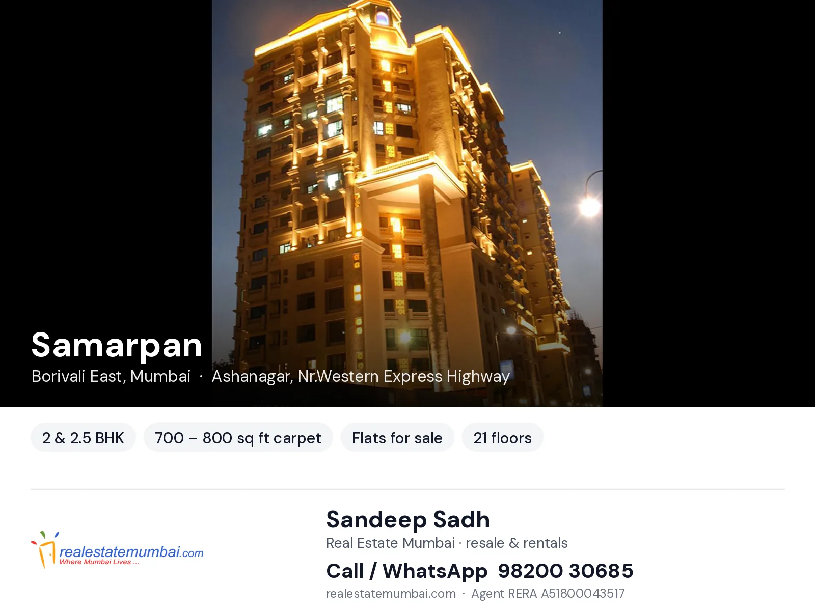 Samarpan, Borivali East, Mumbai — 2 & 2.5 BHK flats for sale | Real Estate Mumbai, Sandeep Sadh 98200 30685