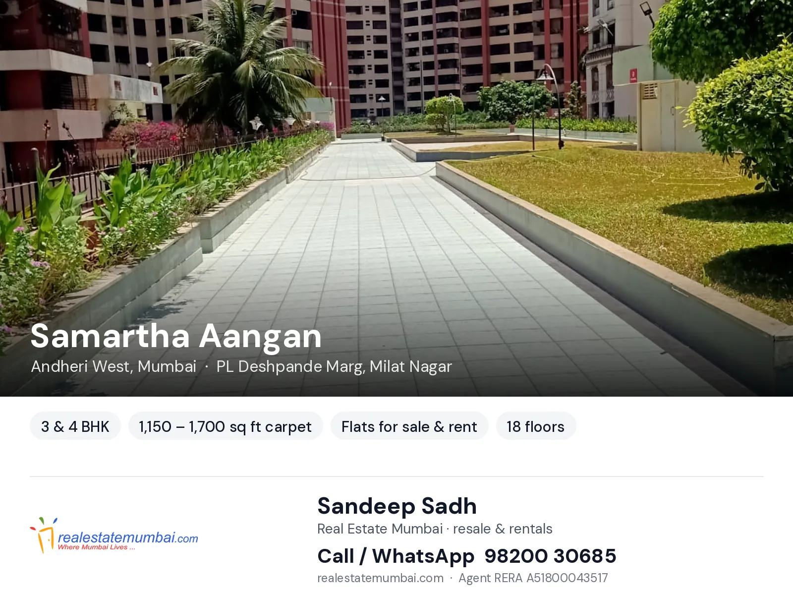 Samartha Aangan, Andheri West, Mumbai — 3 & 4 BHK flats for sale & rent | Real Estate Mumbai, Sandeep Sadh 98200 30685