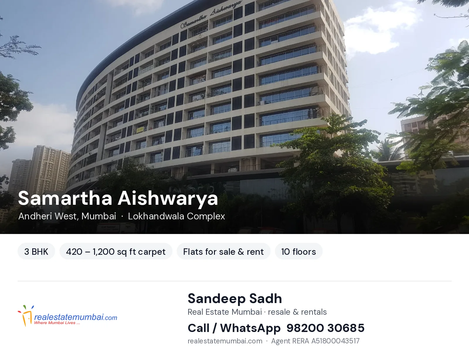 Samartha Aishwarya, Andheri West, Mumbai — 3 BHK flats for sale & rent | Real Estate Mumbai, Sandeep Sadh 98200 30685