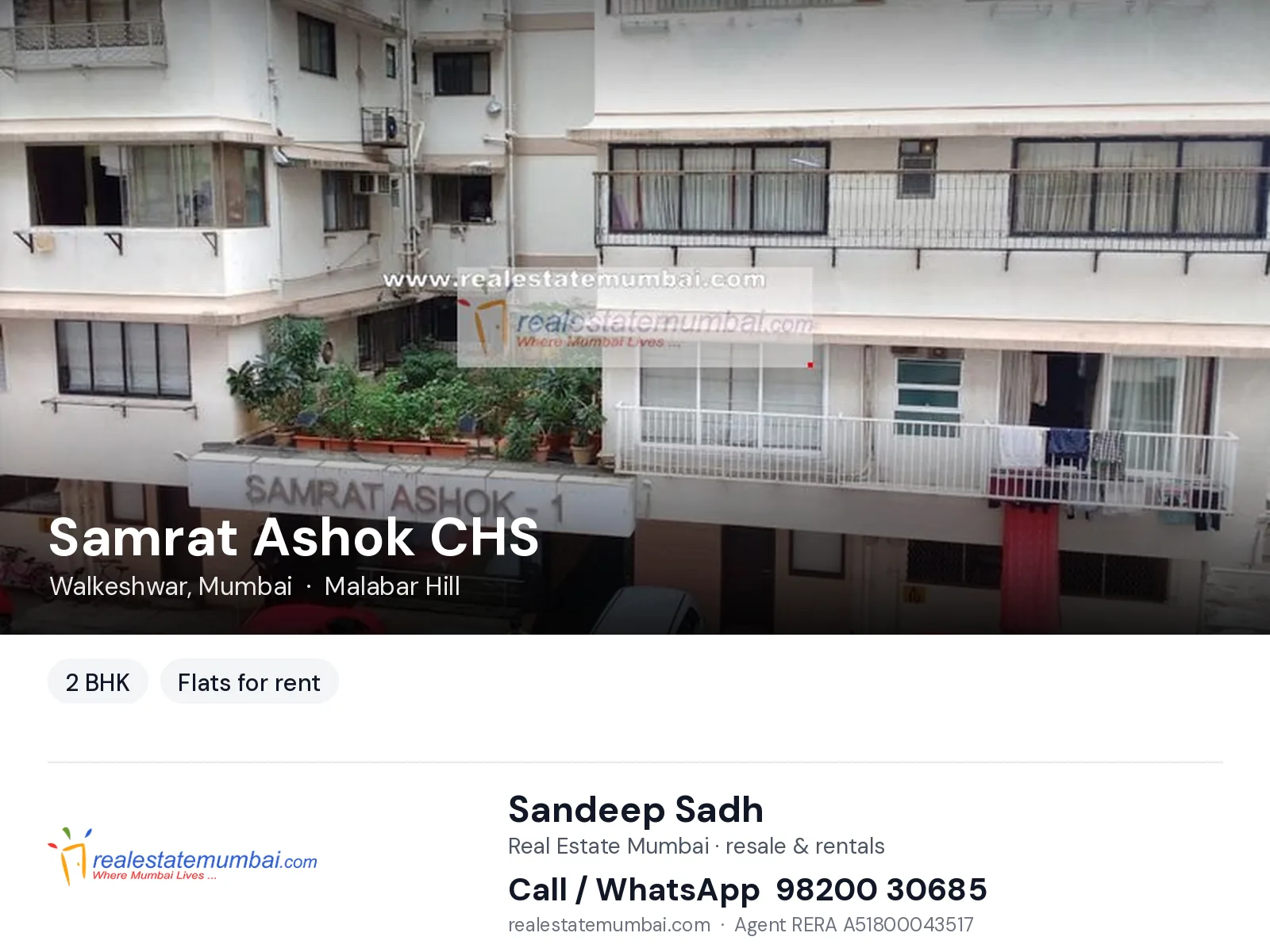 Samrat Ashok CHS, Walkeshwar, Mumbai — 2 BHK flats for rent | Real Estate Mumbai, Sandeep Sadh 98200 30685