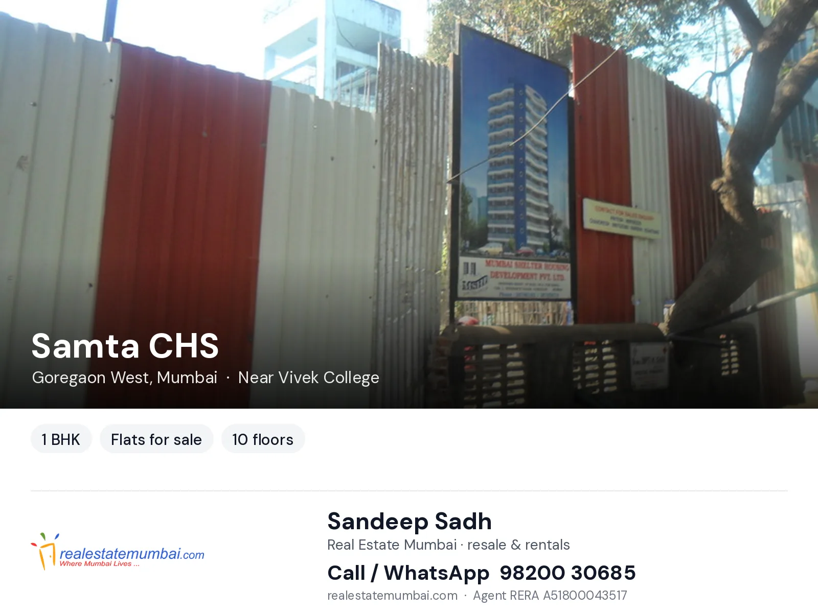 Samta CHS, Goregaon West, Mumbai — 1 BHK flats for sale | Real Estate Mumbai, Sandeep Sadh 98200 30685