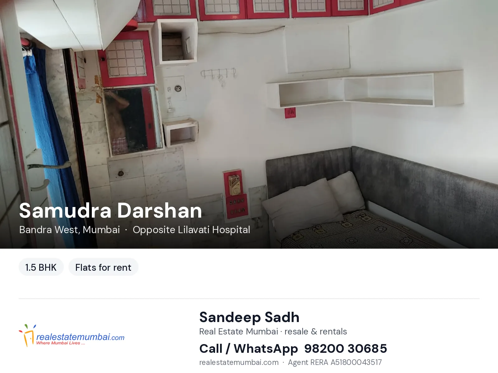 Samudra Darshan, Bandra West, Mumbai — 1.5 BHK flats for rent | Real Estate Mumbai, Sandeep Sadh 98200 30685