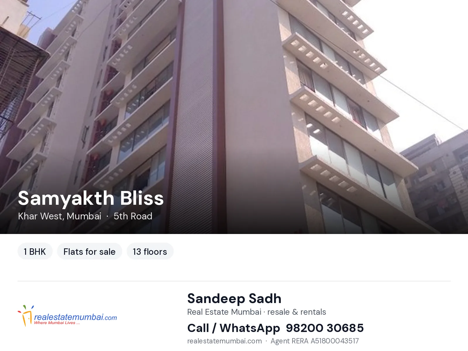 Samyakth Bliss, Khar West, Mumbai — 1 BHK flats for sale | Real Estate Mumbai, Sandeep Sadh 98200 30685