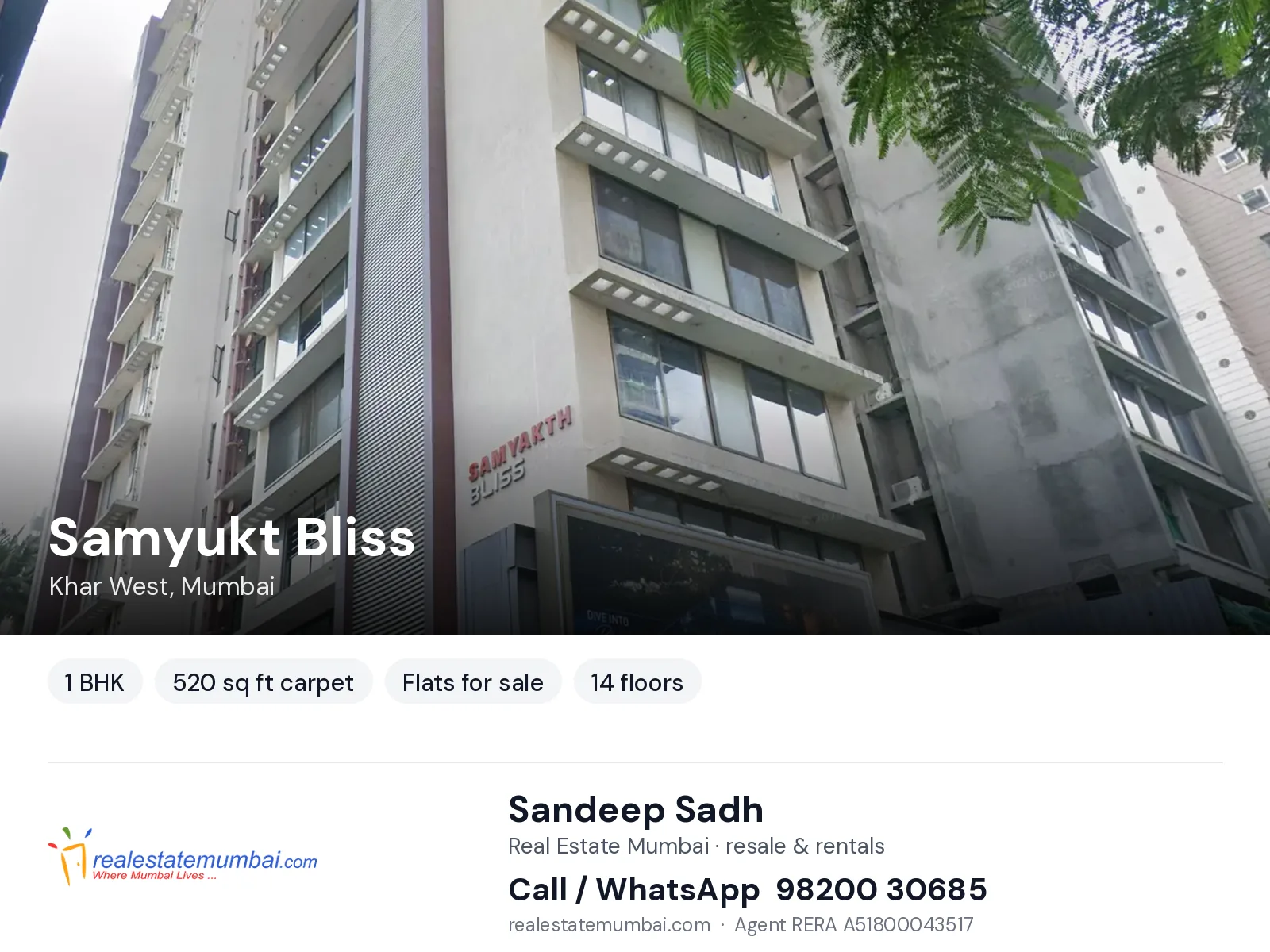 Samyukt Bliss, Khar West, Mumbai — 1 BHK flats for sale | Real Estate Mumbai, Sandeep Sadh 98200 30685