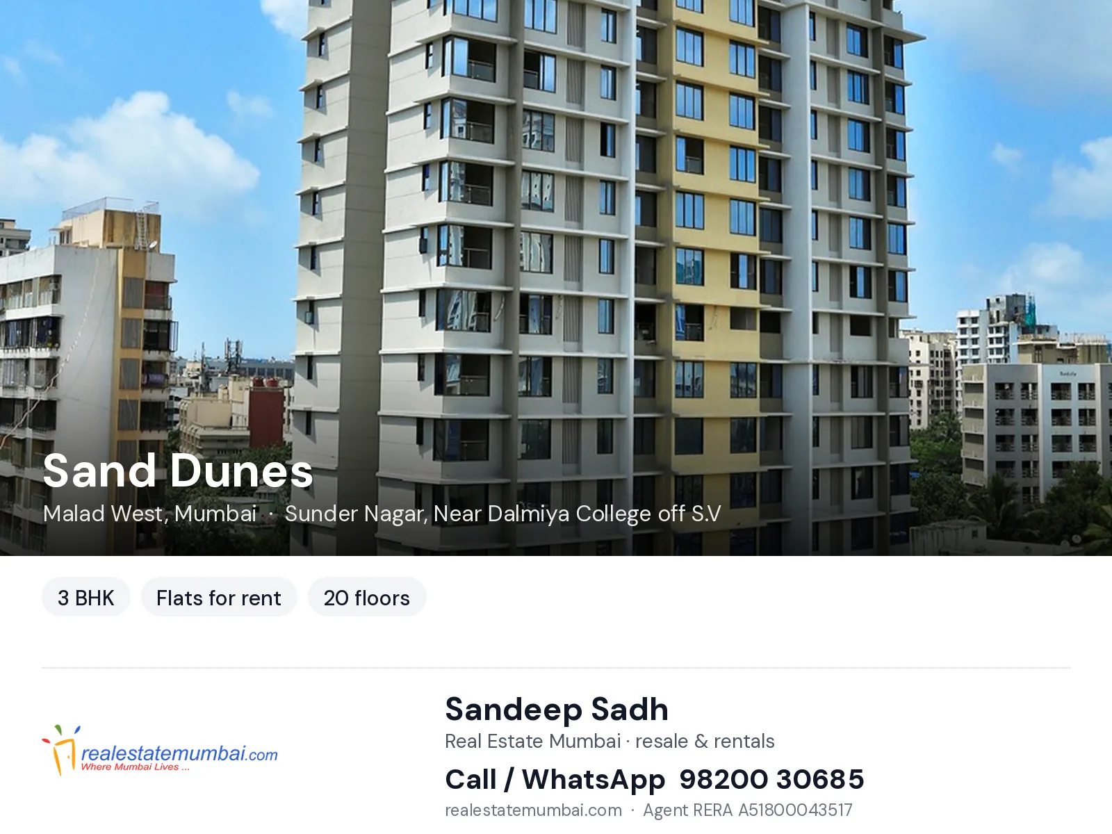 Sand Dunes, Malad West, Mumbai — 3 BHK flats for rent | Real Estate Mumbai, Sandeep Sadh 98200 30685