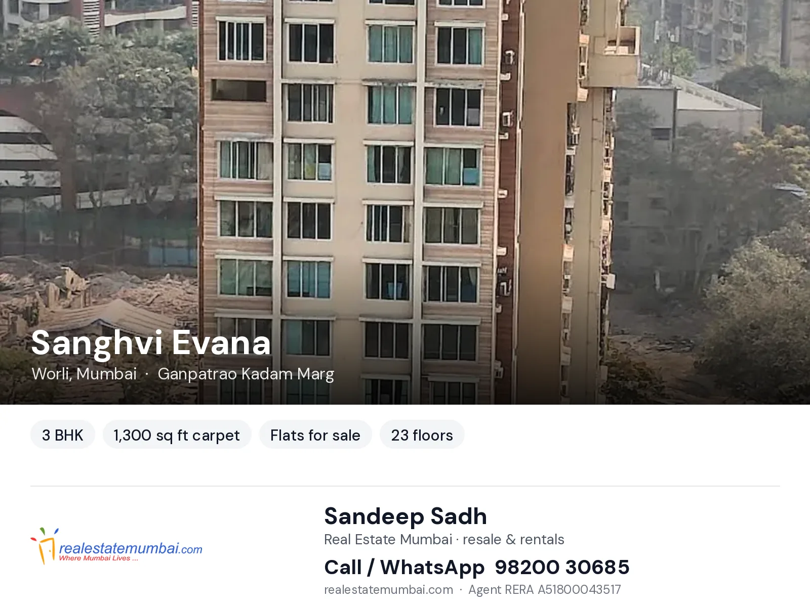 Sanghvi Evana, Worli, Mumbai — 3 BHK flats for sale | Real Estate Mumbai, Sandeep Sadh 98200 30685