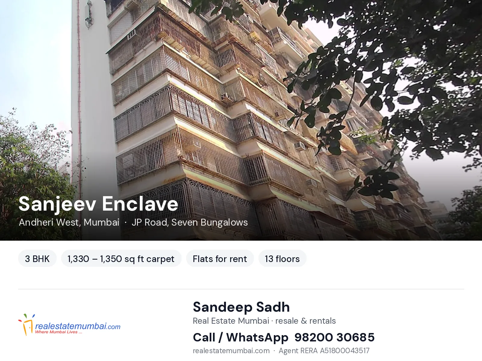 Sanjeev Enclave, Andheri West, Mumbai — 3 BHK flats for rent | Real Estate Mumbai, Sandeep Sadh 98200 30685