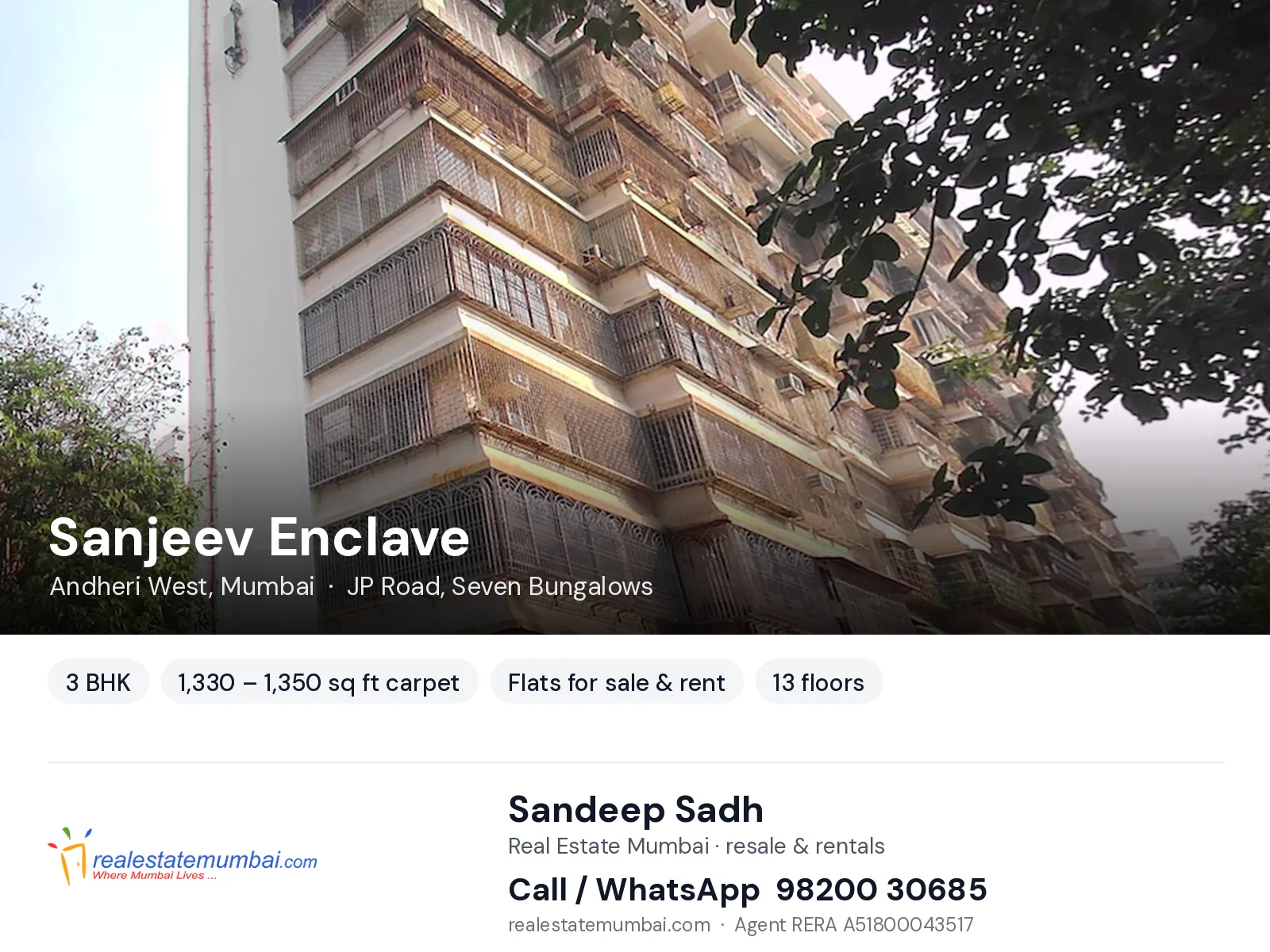 Sanjeev Enclave, Andheri West, Mumbai — 3 BHK flats for sale & rent | Real Estate Mumbai, Sandeep Sadh 98200 30685