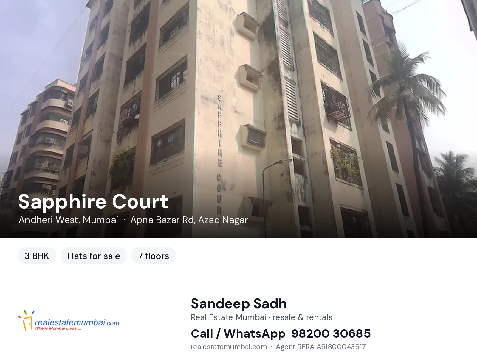 Sapphire Court, Andheri West, Mumbai — 3 BHK flats for sale | Real Estate Mumbai, Sandeep Sadh 98200 30685