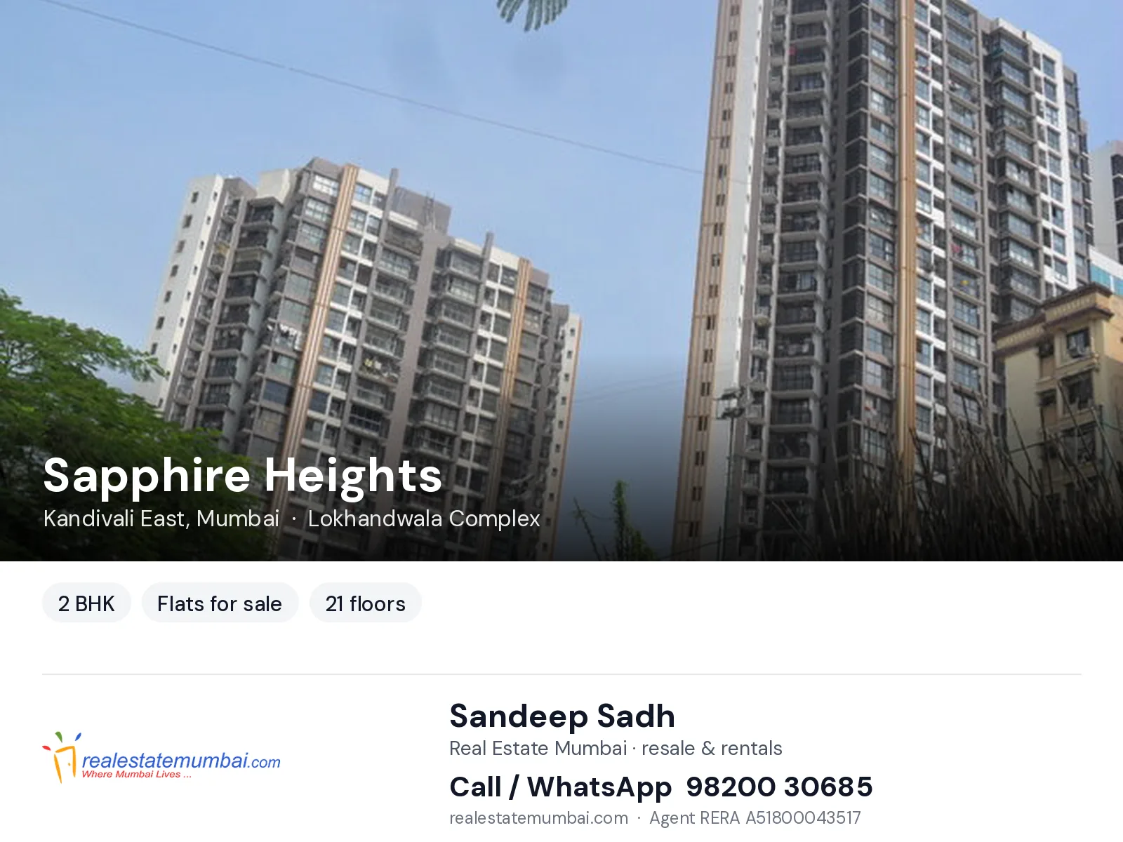 Sapphire Heights, Kandivali East, Mumbai — 2 BHK flats for sale | Real Estate Mumbai, Sandeep Sadh 98200 30685