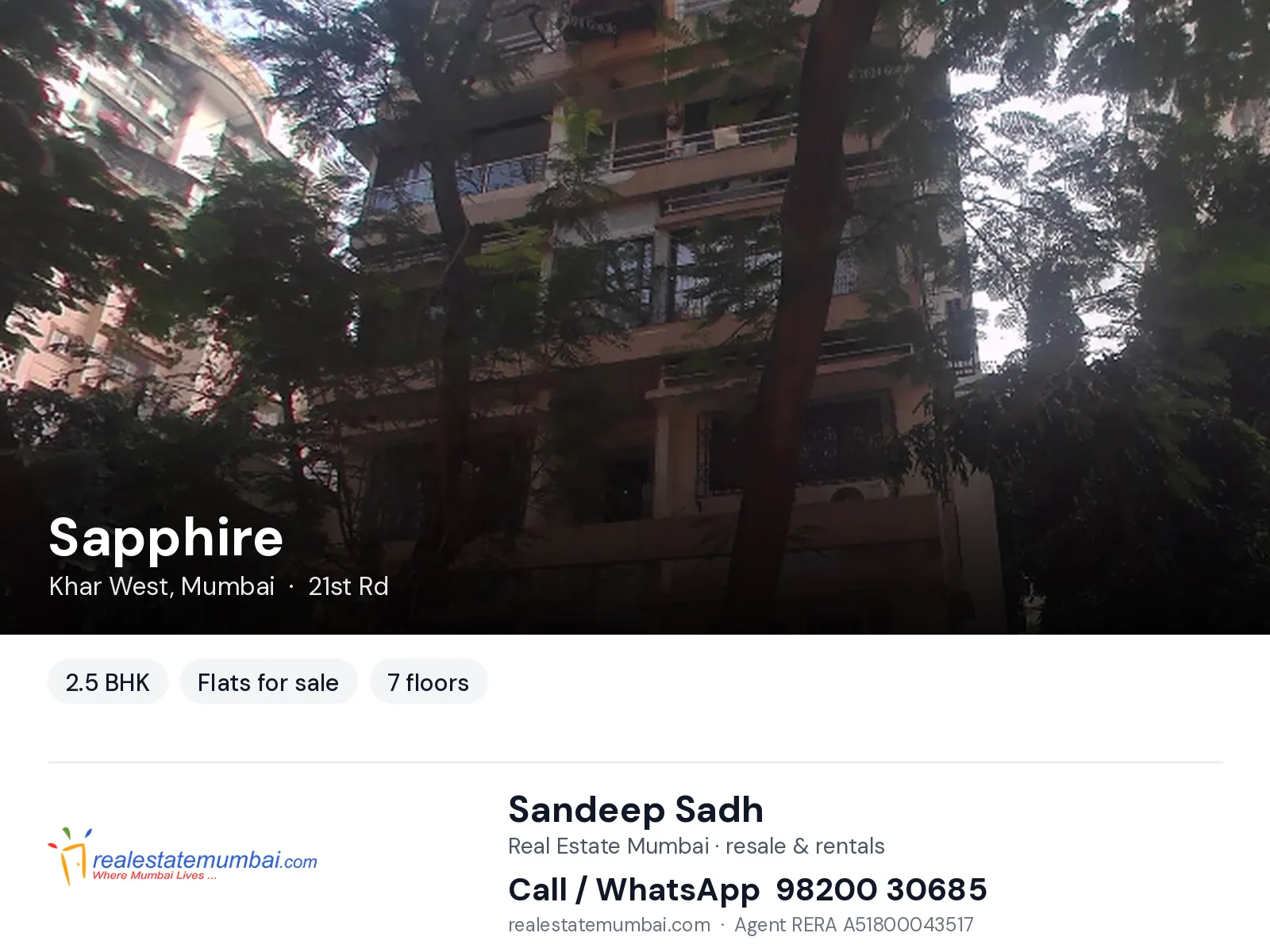 Sapphire, Khar West, Mumbai — 2.5 BHK flats for sale | Real Estate Mumbai, Sandeep Sadh 98200 30685