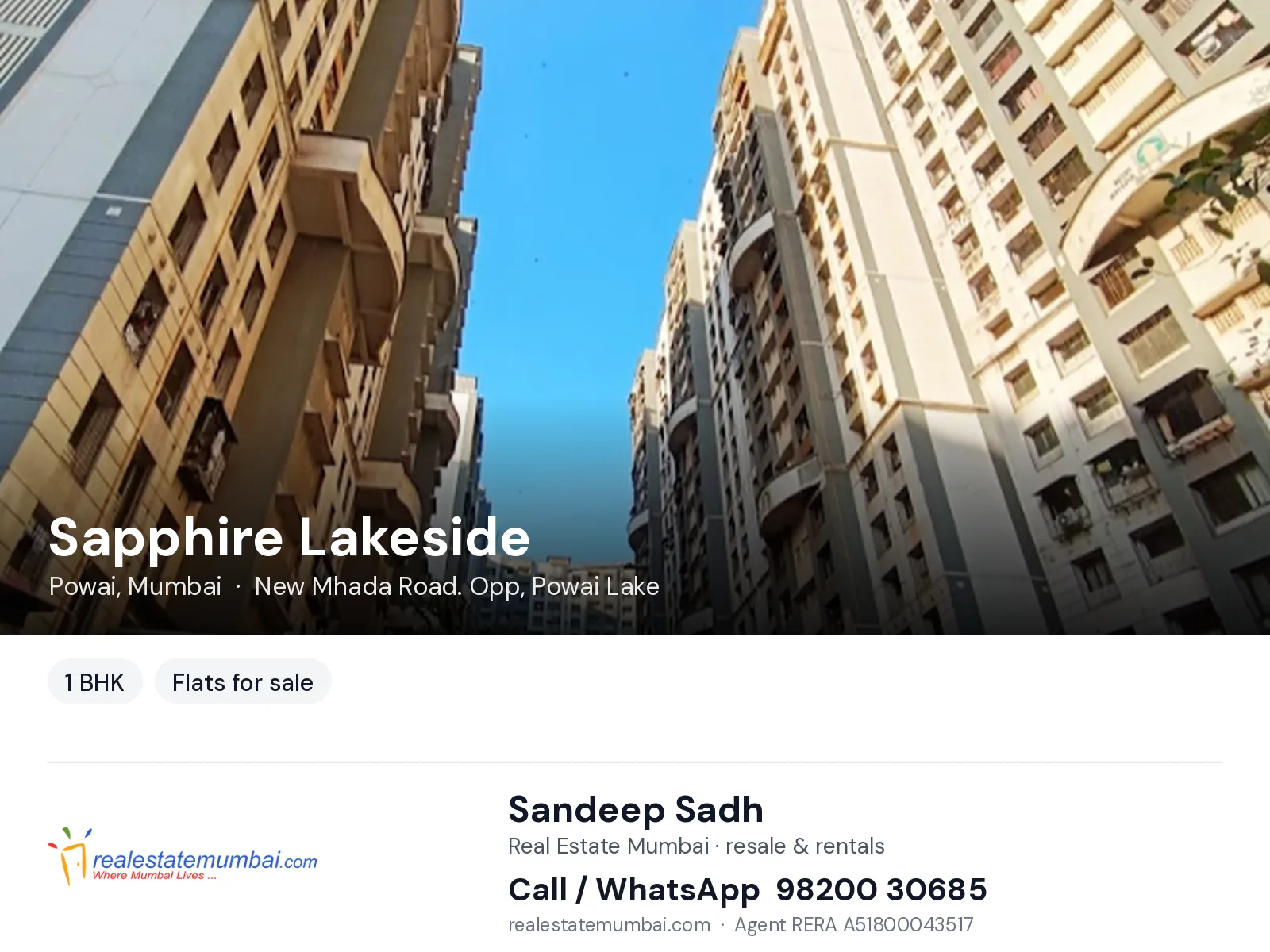 Sapphire Lakeside, Powai, Mumbai — 1 BHK flats for sale | Real Estate Mumbai, Sandeep Sadh 98200 30685