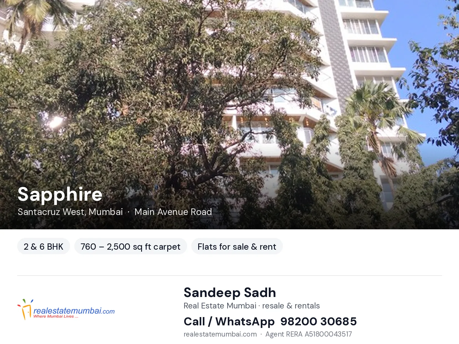 Sapphire, Santacruz West, Mumbai — 2 & 6 BHK flats for sale & rent | Real Estate Mumbai, Sandeep Sadh 98200 30685