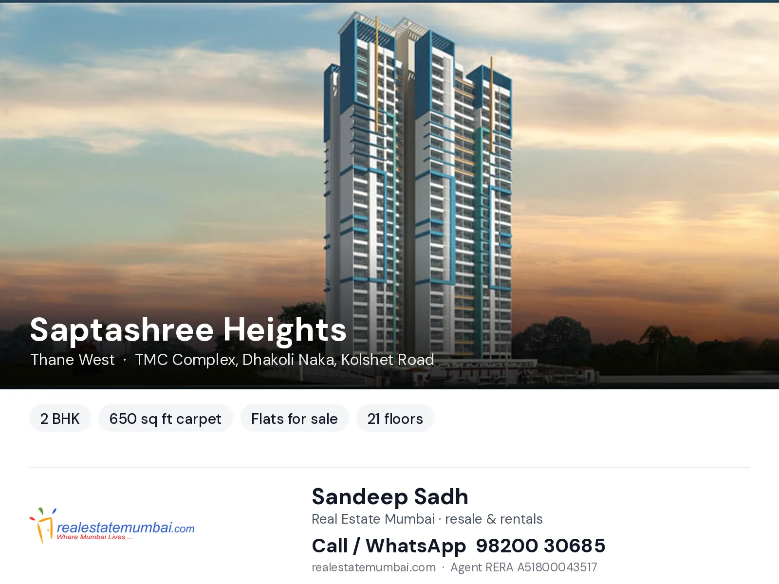 Saptashree Heights, Thane West — 2 BHK flats for sale | Real Estate Mumbai, Sandeep Sadh 98200 30685