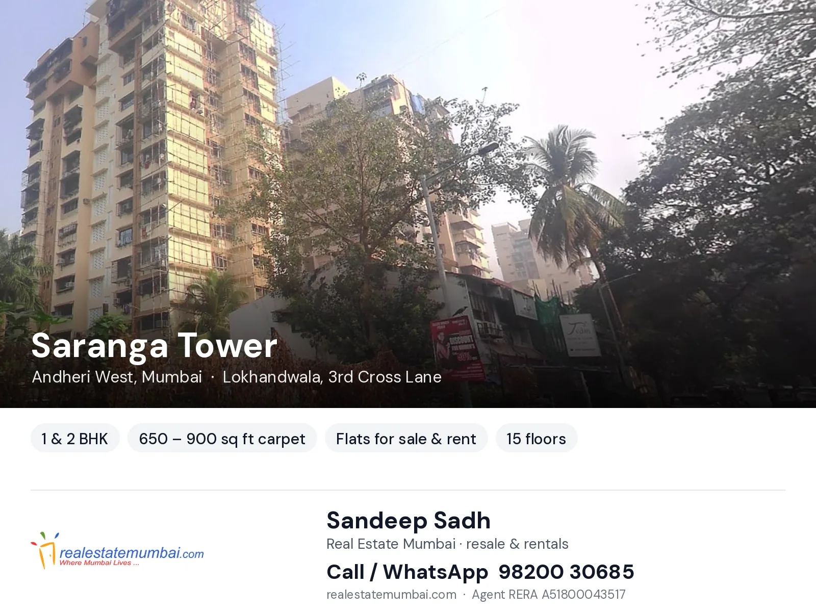 Saranga Tower, Andheri West, Mumbai — 1 & 2 BHK flats for sale & rent | Real Estate Mumbai, Sandeep Sadh 98200 30685