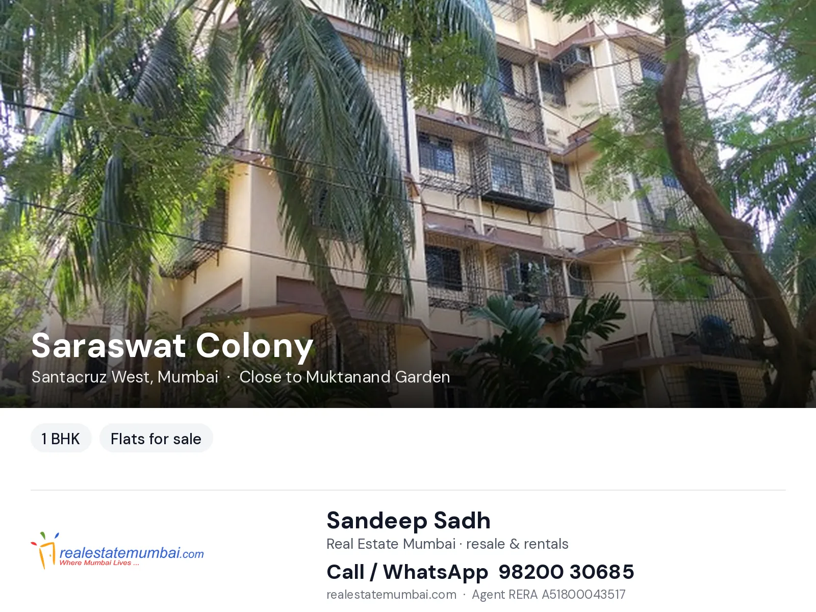 Saraswat Colony, Santacruz West, Mumbai — 1 BHK flats for sale | Real Estate Mumbai, Sandeep Sadh 98200 30685