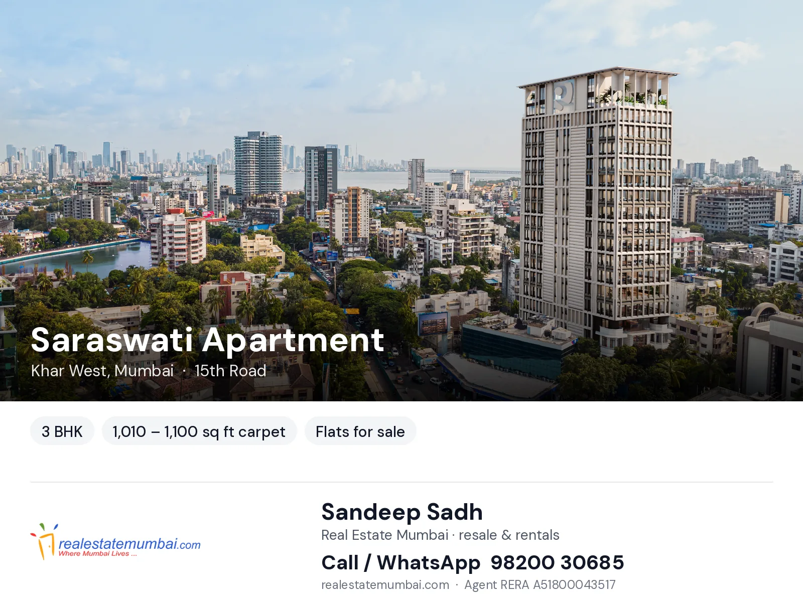 Saraswati Apartment, Khar West, Mumbai — 3 BHK flats for sale | Real Estate Mumbai, Sandeep Sadh 98200 30685