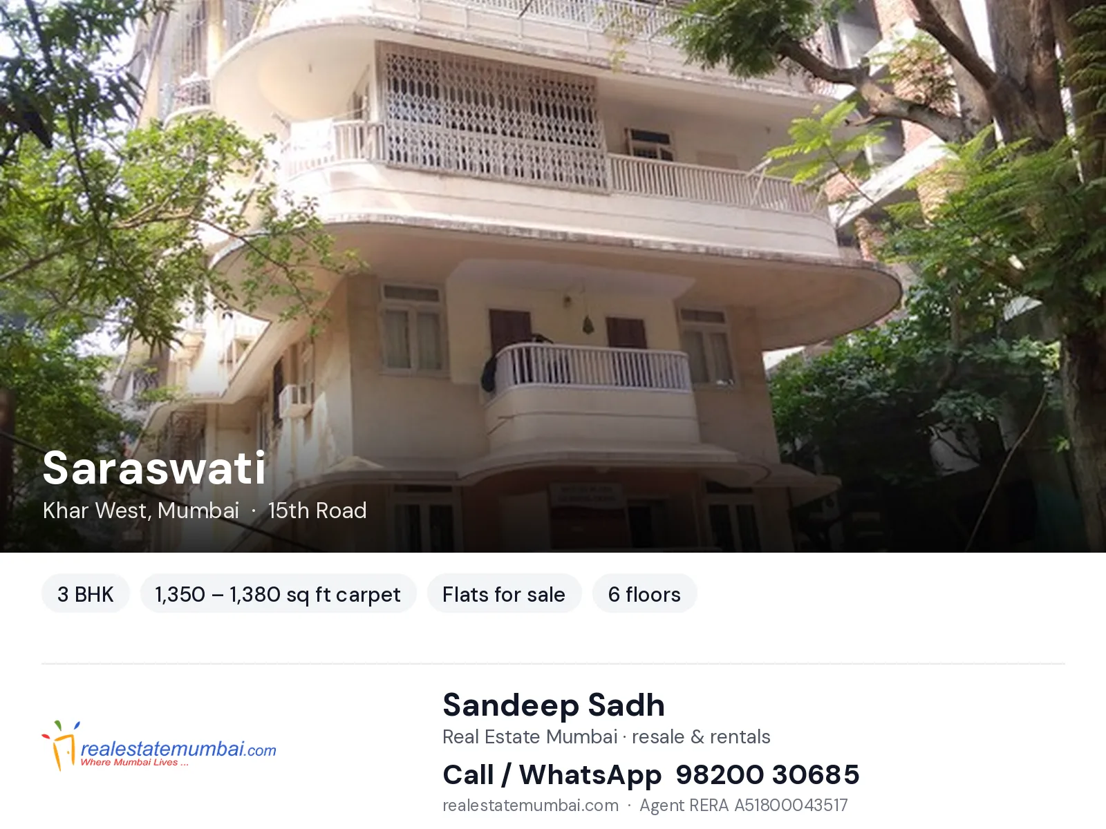 Saraswati, Khar West, Mumbai — 3 BHK flats for sale | Real Estate Mumbai, Sandeep Sadh 98200 30685