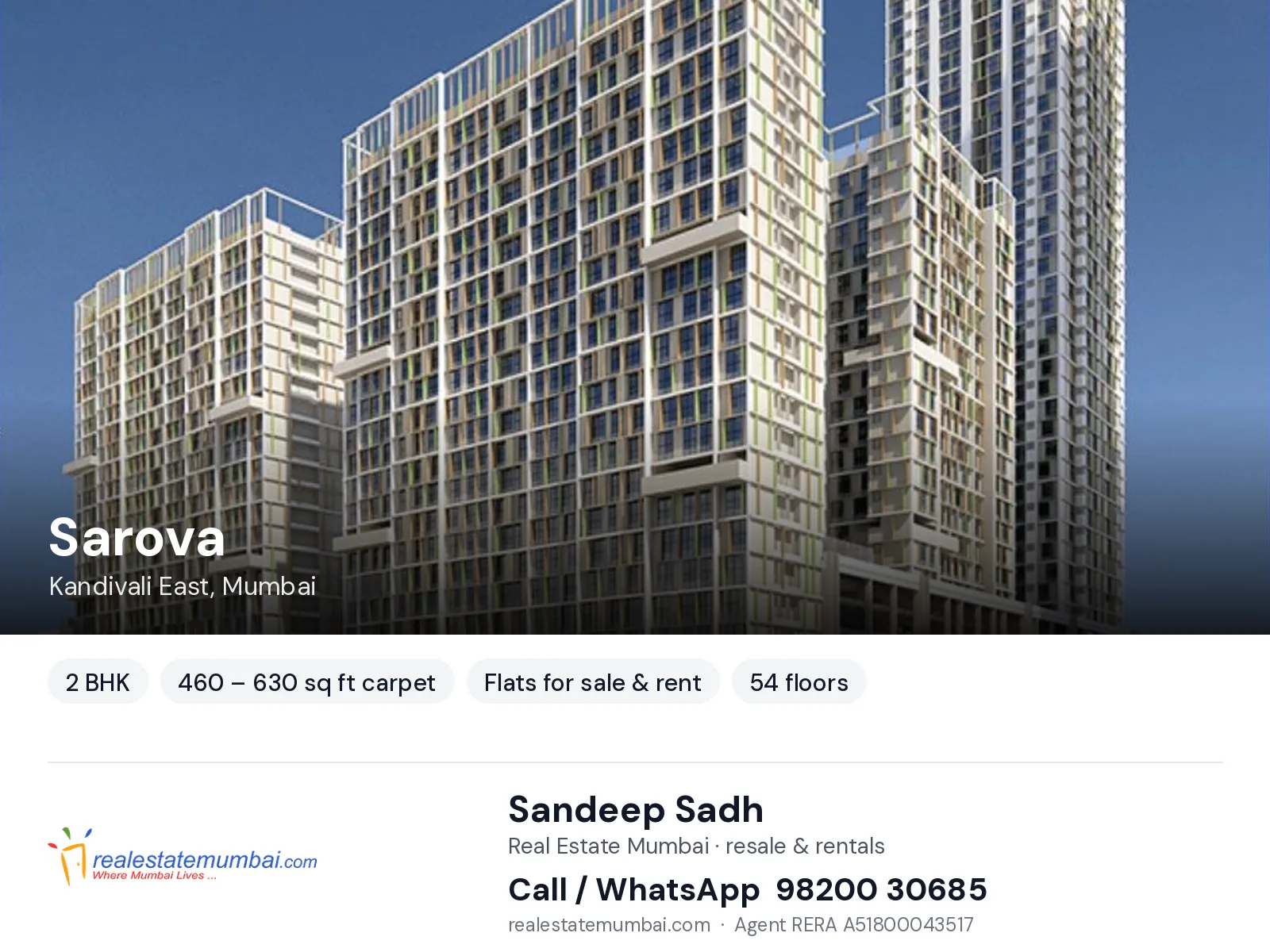 Sarova, Kandivali East, Mumbai — 2 BHK flats for sale & rent | Real Estate Mumbai, Sandeep Sadh 98200 30685
