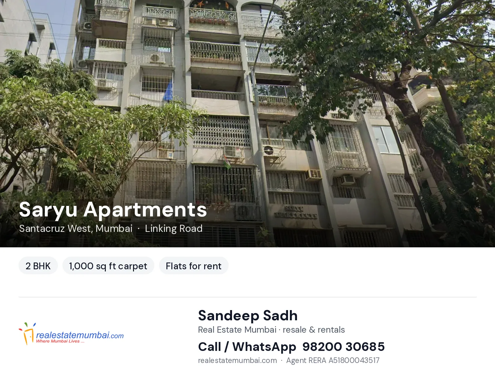 Saryu Apartments, Santacruz West, Mumbai — 2 BHK flats for rent | Real Estate Mumbai, Sandeep Sadh 98200 30685