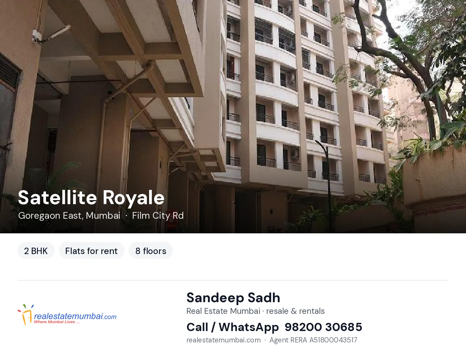 Satellite Royale, Goregaon East, Mumbai — 2 BHK flats for rent | Real Estate Mumbai, Sandeep Sadh 98200 30685