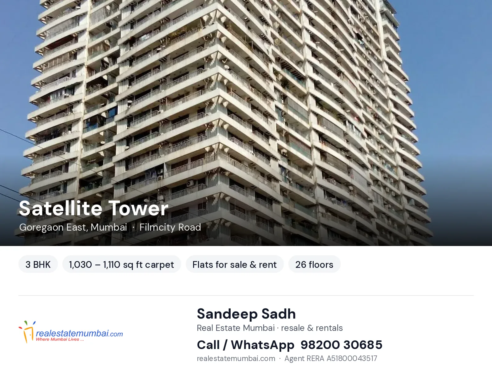 Satellite Tower, Goregaon East, Mumbai — 3 BHK flats for sale & rent | Real Estate Mumbai, Sandeep Sadh 98200 30685